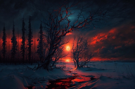 Sunset in the forest - napnyugta, tajkep, voroslo egbolt, erdo, fak, patak, tel