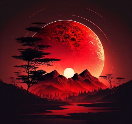 Sunrise at the river - erdo, fak, folyo, hegyek, napkelte, szavanna, termeszet, voros egbolt