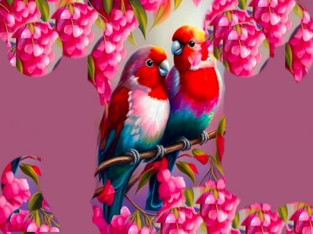 Tweetie Pies - vibrant, birds, vivid, blue, pink, res, colorful, flowers, white, purple, bright, bold