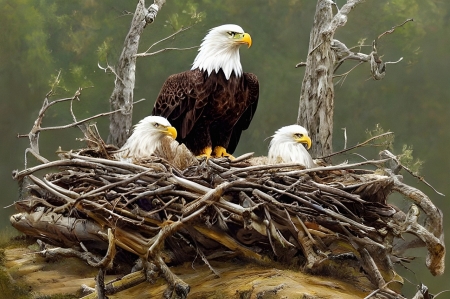 Eagle family - feszek, vadon, sas, csalad, fiokak, madarak