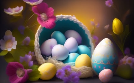 Happy Easter! - colorful, basket, easter, egg, card, flower