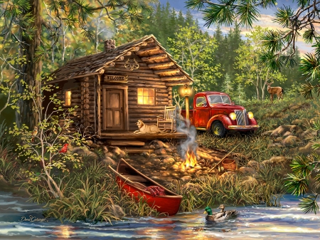 Cozy cabin - hangulatos kabin, auto, tavacska, kutya, csonak, fak, szarvas, tuzrakas, kacsak, piros, erdo