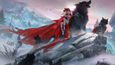 Red Riding Hood - frumusete, fantasy, red riding hood, wolf, girl, art