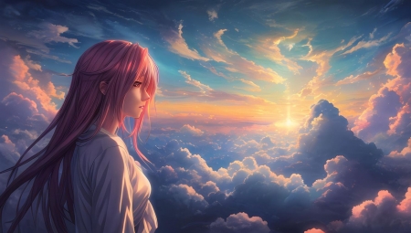 Young anime girl - anime, egbolt, felhok, fiatal, lany, szep arcu, szepseg