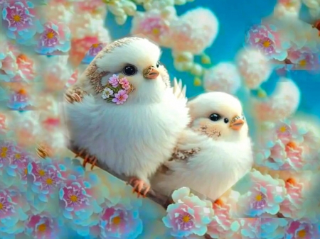 Tweetie Pies White 1 - white, pink, birds, vivid, bright, bold, flowers, colorful, blue, vibrant