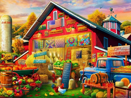 Golden Days - artwork, car, house, painting, vegetables