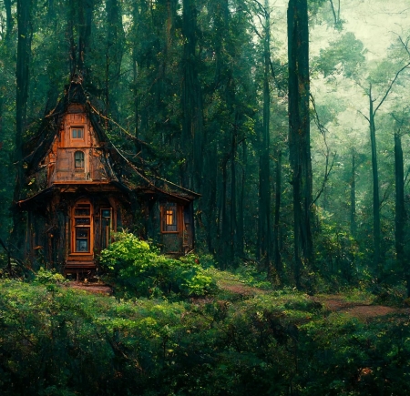 Home in the woods - erdo, fahaz, fak, novenyek, zold termeszet