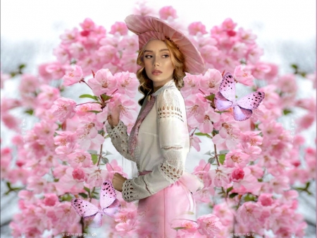 Era Of Modest Women In Pink - vibrant, hat, vivid, butterflies, dress, girl, pink, colorful, flowers, white, bright, bold