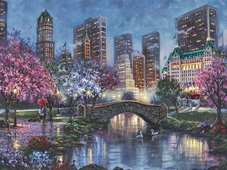 Misty Morning Blossoms, Central Park - by Robert Finale - trees, painting, artwork, skyscraper, city, new york, bridge