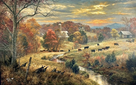 Dandridge Farm - artwork, cows, creek, landscape, meadows, painting, trees