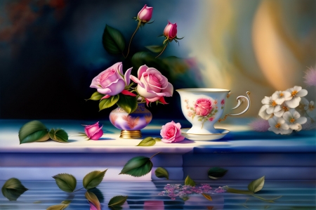 Romantic still life - romantikus, virag, csesze, rozsak, vaza