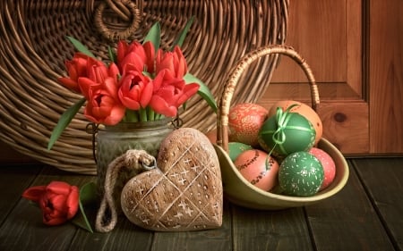 Happy Easter! - easter, eggs, wooden, tulips, heart, still life