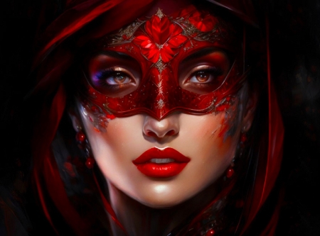 Red Mask - beautiful, girl, fantasy, mask, digital, lamamake art, woman, red, face, art, wallpaper