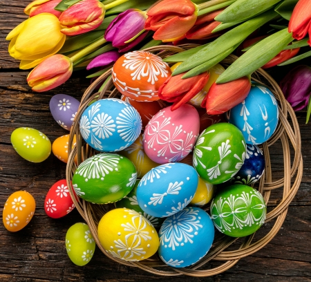 Happy Easter! - basket, easter, eggs, flower, colorful