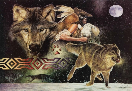 Arapaho Moon - eagle, man, night, painting, portrait, predators, wolves
