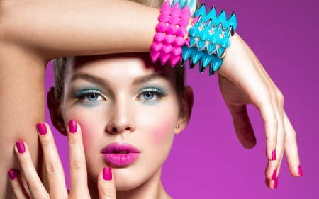 :) - hand, blue, woman, bracelet, model, face, pink, jewel