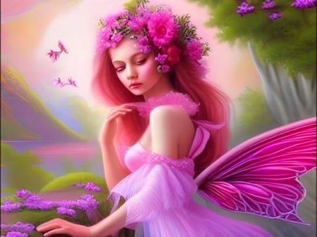 All Things Beautiful Fantasy In Pink - vibrant, vivid, girl, dress, pink, flower headdress, colorful, white, purple, bright, green, wings, bold