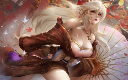 Ahri - fantasy, parasol, fox, girl, lol, art, ahri