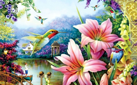 Garden By The River - artwork, blossoms, flowers, hummingbirds, painting