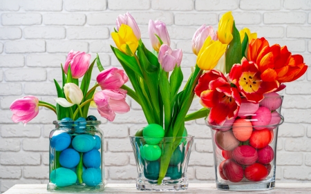 Happy Easter! - tulip, jar, flower, red, card, easter, eggs, colorful, blue, green