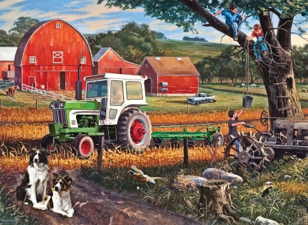 The Farm - trees, dogs, painting, barn, artwork, field, tractor