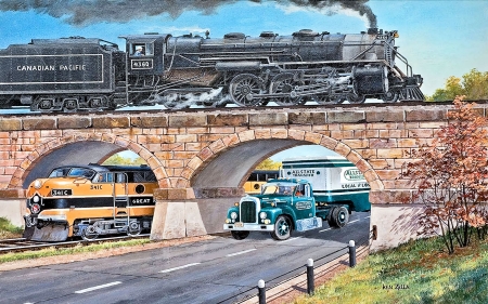 Coast to Coast - artwork, painting, steam, train, truck