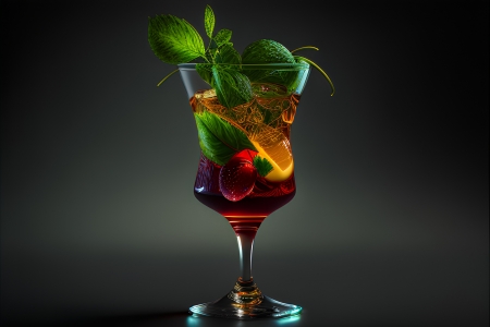 Cocktail with strawberries - glass, ice, mint, strawberries