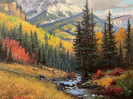 San Juan Serenade - artwork, clouds, creek, mountains, nature, painting, sky, trees