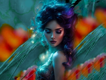 All Things Beautiful Fantasy In Harmony - harmony, colorful, blue, black, vibrant, beautiful, girl, orange, dress, vivid, fantasy, lights, bright, bold, hair