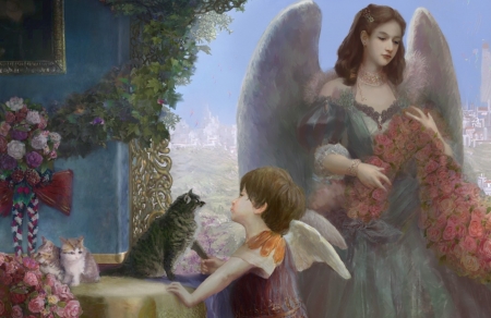 :) - wings, pisici, boy, fantasy, art, flower, angel, cat