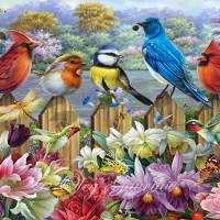 Birds in a blooming garden