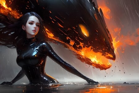 Fiery serpent - black, serpent, fantasy, dragon, fire, girl