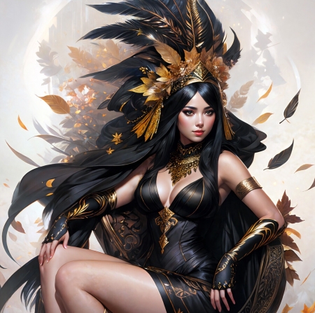 Autumn - black, art, fantasy, demiurge ash, autumn, demiart, leaf, girl