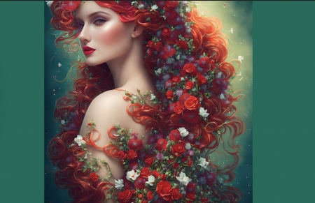 Beautiful woman - fantasy, red, green, fair, redhead, flowers, woman, beauty