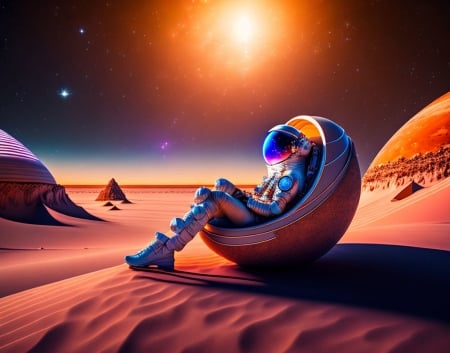 Breaktime on Mars - cosmos, blue, planet, orange, cosmonaut, thomood, space, fantasy, astronaut, art