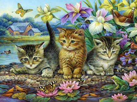 Curious Kittens - artwork, blossoms, butterfly, cats, flowers, painting