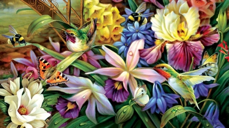 Garden By The River - artwork, honeybees, painting, butterfly, blossoms, hummingbirds, colors, flowers