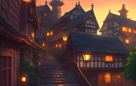 Medieval city - epiteszet, varos, hazak, napnyugta, kozepkori, este