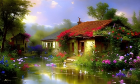 Hamlet - erdo, fak, festes, hamlet, kunyho, muveszet, novenyzet, szines, tavacska, vadviragok