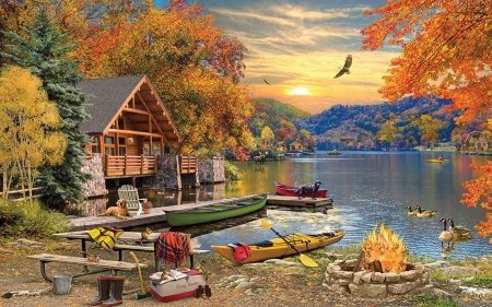Lakeside Retreat - artwork, boats, eagle, house, mountains, painting, trees