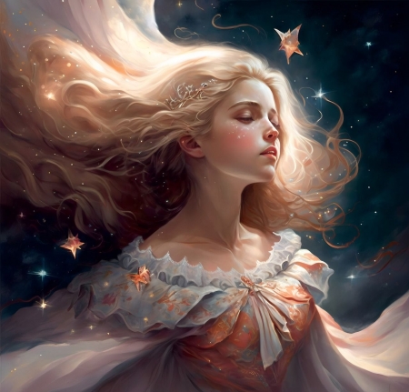 Fantasy girl - absztrakt, aramlo ruha, csillagok, csukott szemek, hosszu haj, lany, tundermese