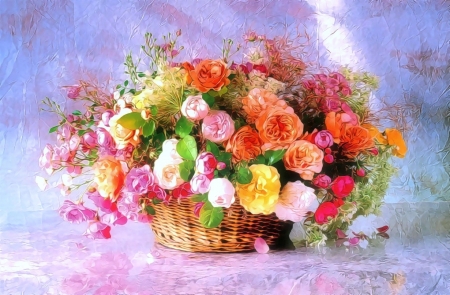 Painting flowers in a basket - festmeny, kosar, szines viragok, viragok