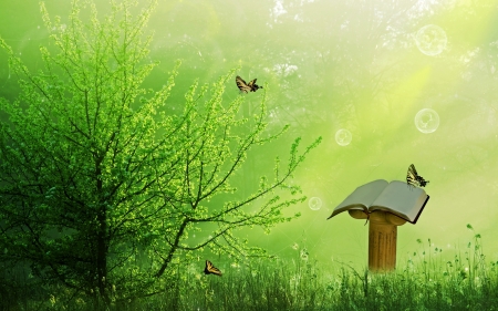 Book and butterflies on the spring meadow - zold termeszet, novenyzet, pillangok, konyv, ret