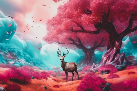 Deer in the colorful forest - absztrakt, erdo, fak, szarvas, szines, termeszet, vadvilag