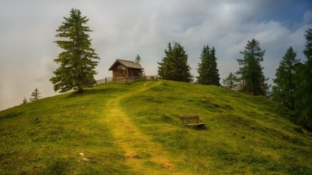 Alpine hut - alpesi, tajkep, alpesi kunyho, kunyho, hegy, nyom, hegyi kunyho, alpok, termeszet, ut, fa, zold legelo, panorama, palya, fu