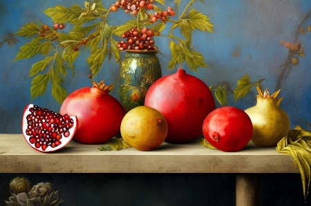 Still life - csendelet, granatalma, gyumolcsok, levelek, vaza