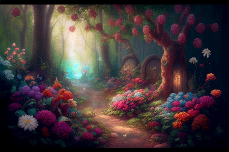 Magic forest - erdo, fak, festeszet, szines, ut, varazslat, viragok