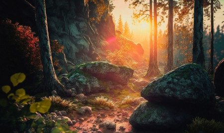 Sunny forest - erdo, fak, kovek, levelek, napsutotte, novenyzet, sziklak, viragok