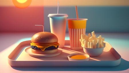 Fast food - dinner, french fries, hamburger, soda