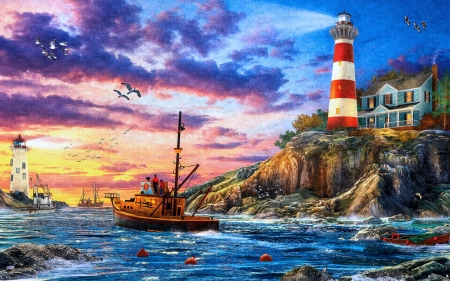 Evening Fishing - artwork, clouds, coast, digital, lighthouse, sea, sky